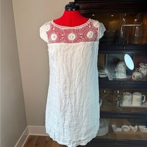 Gretchen Scott White Linen Crochet Shift Dress Large L Summer Resort Beach